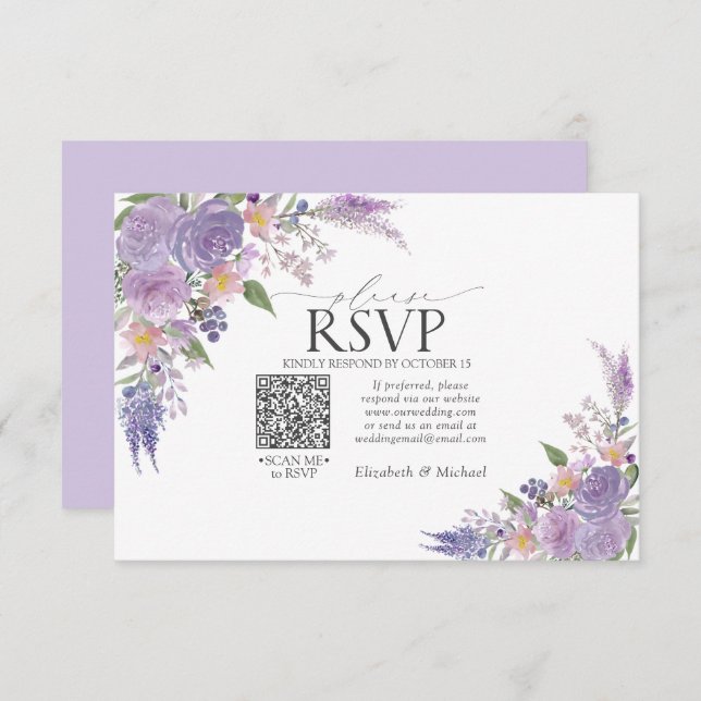 Cartão RSVP Lavanda Lilac Mauve Floral Código QR Casamento RSV (Frente/Verso)
