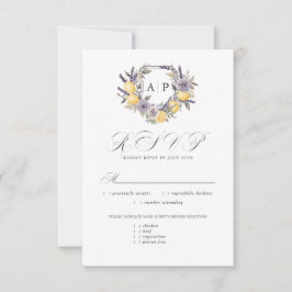 Cartão RSVP Lavanda Limão Monograma Floral Crest Opções de Ref
