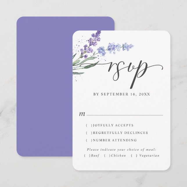 Cartão RSVP Lavanda Romântica Aquarela Floral | Escolha das re (Frente/Verso)