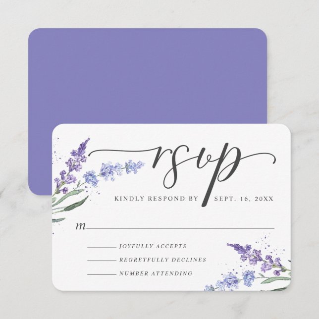 Cartão RSVP Lavanda Romântica de Aquarela Floral (Frente/Verso)
