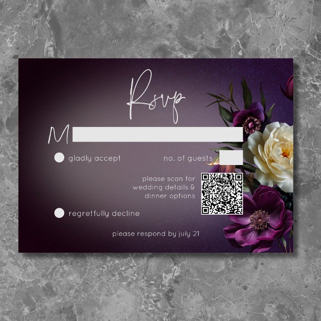 Cartão RSVP Lavanda Roxo Escuro Floral Moderno QR (Dark Moody Purple & Lavender Floral Modern QR Code RSVP Card)