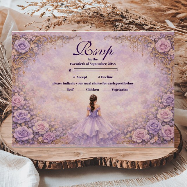 Cartão RSVP Lavender Rose Fairytale Quinceañera (Criador carregado)