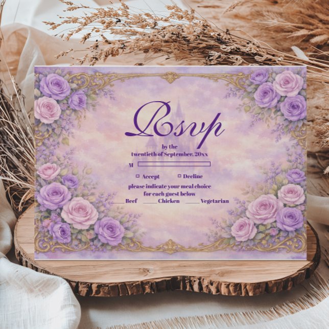 Cartão RSVP Lavender Rose Gold Garden Quinceañera (Criador carregado)