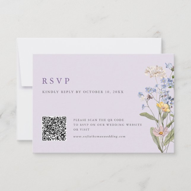 Cartão RSVP Lavender Spring Wildflower Meadow Wedding QR Code (Frente)
