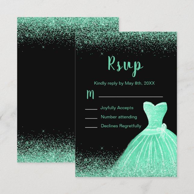 Cartão RSVP Light Green Dress Faux Glitter Sweet 16 Birthday (Frente/Verso)
