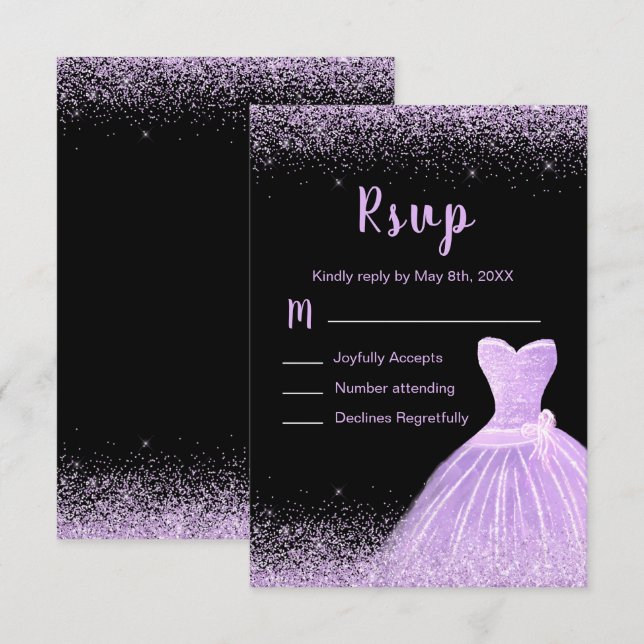 Cartão RSVP Light Purple Dress Faux Glitter Quinceanera (Frente/Verso)