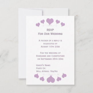 Cartão RSVP Lilac Hearts Design Wedding