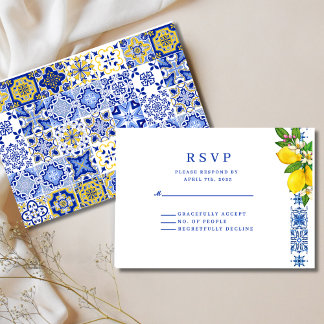Cartão RSVP Limão mediterrânico Elegante e Casamento Azul