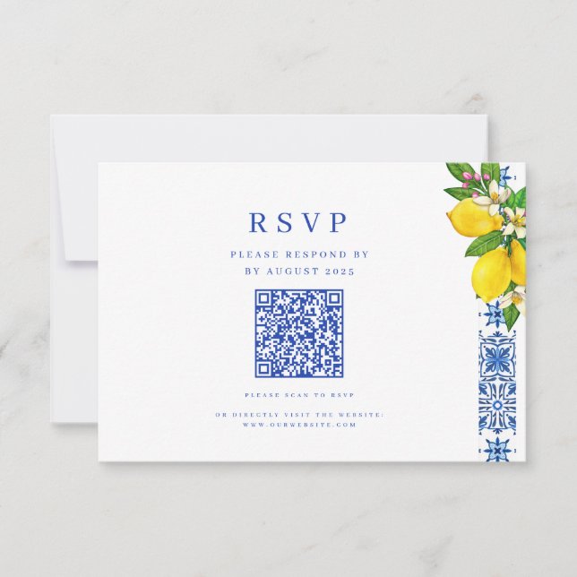 Cartão RSVP Limão mediterrânico Elegante e Casamento Azul QR (Frente)