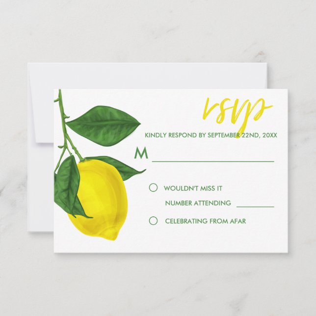 Cartão RSVP Limões Amarelos e Folhas Verdes, de Cor Fresca (Frente)
