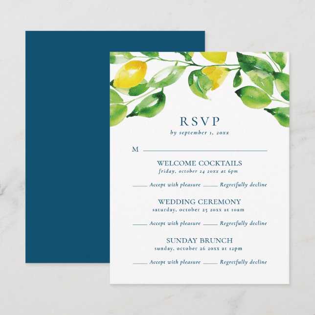 Cartão RSVP Limões de Verão e Folhagem Casamento Multi Evento (Frente/Verso)