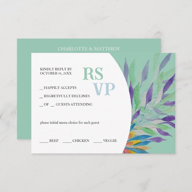 Cartão RSVP Linda Bela Água Floral Púrpura (Frente/Verso)