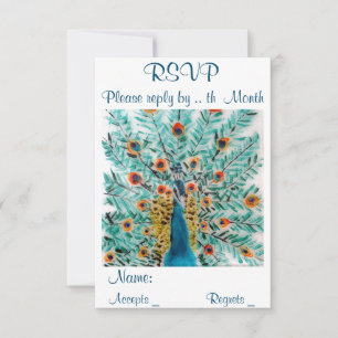 Cartão RSVP Linda Penas de Peacock Arte de Pássaros