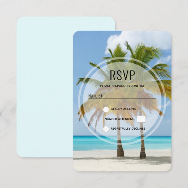Cartão RSVP Lindas Palmeiras em uma praia tropical (Frente/Verso)
