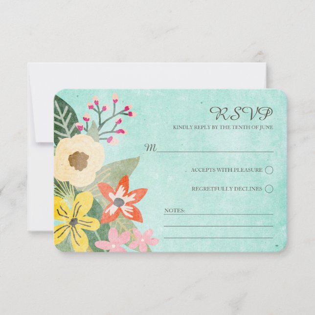 Cartão RSVP Lindos Blooms Watercolor RSVP/Aqua (Frente)