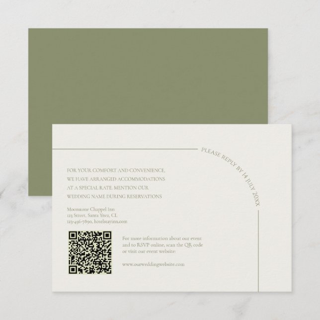 Cartão RSVP  Linen & Sage Green with QR Code Boho Minimalist  (Frente/Verso)
