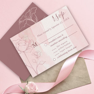Cartão RSVP Linha de Arte Floral Rosa Empoeirada Água-forte Ca