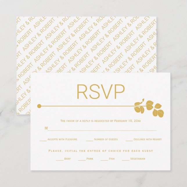 Cartão RSVP Linha de ouro moderna e galho com folhas casamento (Frente/Verso)