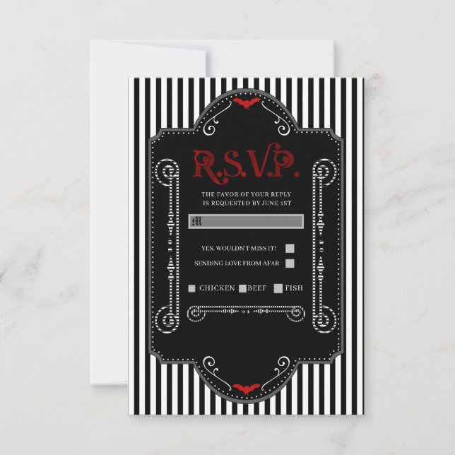 Cartão RSVP Listras Pretas Brancas Vermelhas Morcego Gótico Ca (Frente)