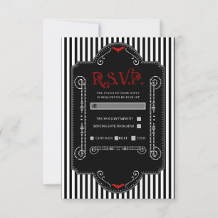 Cartão RSVP Listras Pretas e Brancas Vermelho Casamento Morceg