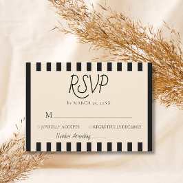 Cartão RSVP Listras Pretas e Marfim Casamento Minimalista Retr
