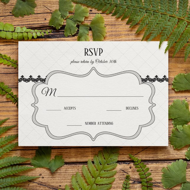 Cartão RSVP Locação Preta no Casamento Personalizado Branco (Criador carregado)
