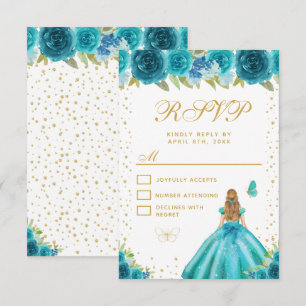 Cartão RSVP Loira de Cabelo Floral Turquesa Princesa Sweet Six