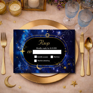 Cartão RSVP Lua azul ouro mística astronomia celestial casamen