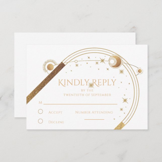 Cartão RSVP Lua Branca Dourada Celestial Estrelas Casamento (Frente/Verso)