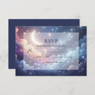 Cartão RSVP Lua Celestial e Estrelas Casamento Azul