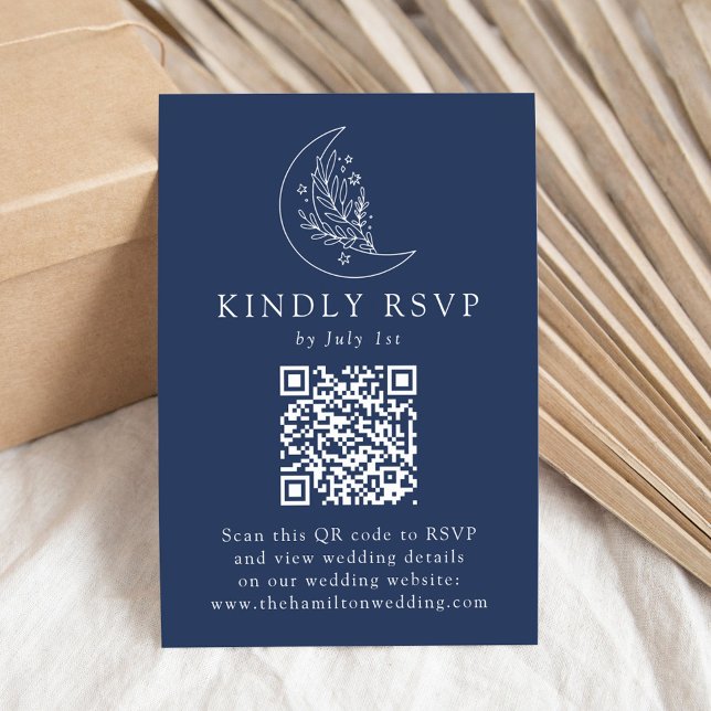 Cartão RSVP Lua e Estrelas Elegantes Código QR Casamento Marin (Criador carregado)