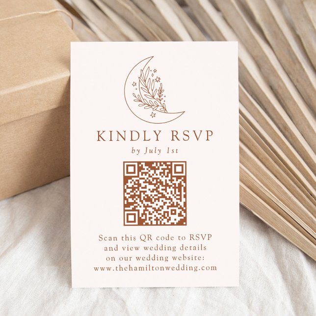 Cartão RSVP Lua e Estrelas Elegantes Código QR de Casamento em (Criador carregado)