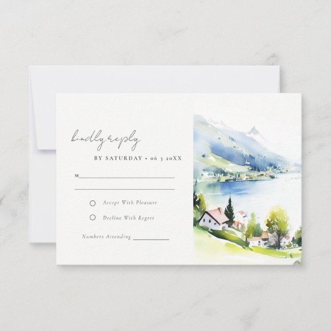 Cartão RSVP Lungern Switzerland Watercolor Landscape Wedding (Frente)