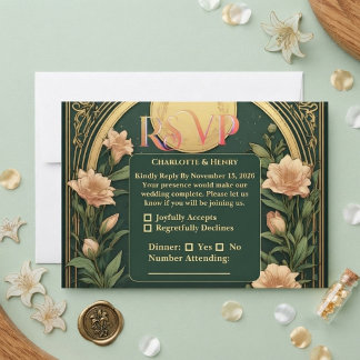 Cartão RSVP Luxo Alphonse Mucha Antigo Casamento Verde Ornate