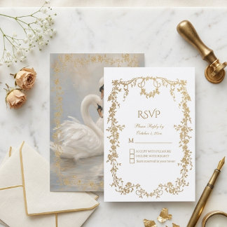 Cartão RSVP Luxo Casamento Floral Formal Branco e Dourado Real