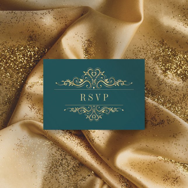 Cartão RSVP Luxo da estrutura de Ouro Elegante verde a gasolin (Criador carregado)