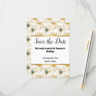 CARTÃO RSVP LUXO PENA DE PAVÃO DOURADO SALVE A DATA