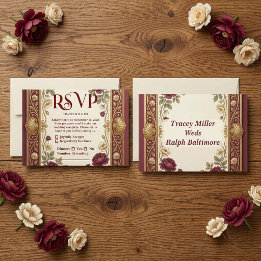 Cartão RSVP Luxuoso Casamento Ornate Dourado Borgonha Rosa Vin