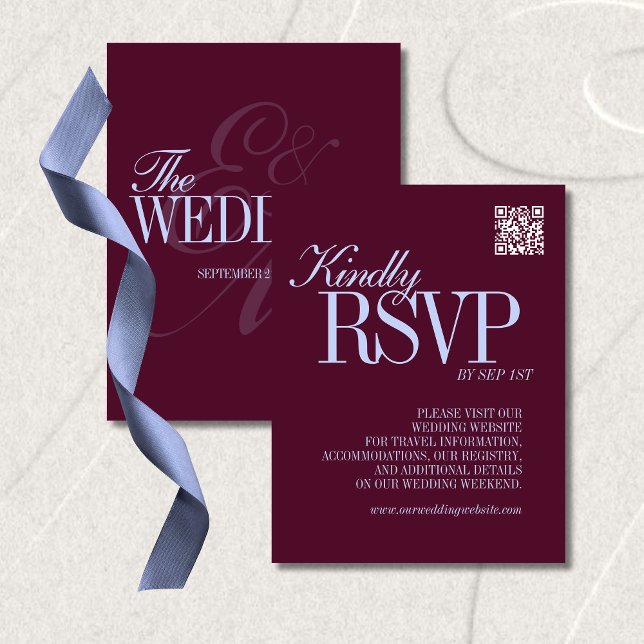 Cartão RSVP Luxury Plum and Periwinkle QR Code Formal Wedding (Luxury Plum and Periwinkle QR Code Formal Wedding RSVP Card)