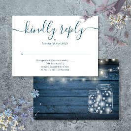 Cartão RSVP Luzes de Corda de Madeira Rústica Azul Casamento S
