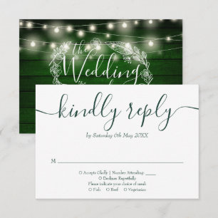 Cartão RSVP Luzes de Corda de Madeira Verde Rústica com Flores