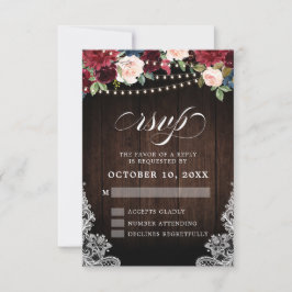 Cartão RSVP Luzes de Corda Florais Burgundy Rústicas Casamento