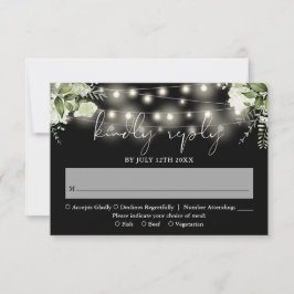 Cartão RSVP Luzes de Corda Florais Pretas e Brancas Casamento