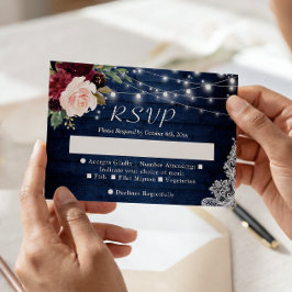 Cartão RSVP Luzes de Corda Floral Rústica Azul Vermelho Rosa C