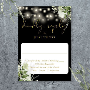 Cartão RSVP Luzes de Corda Floral Verde Dourado Preto Casament