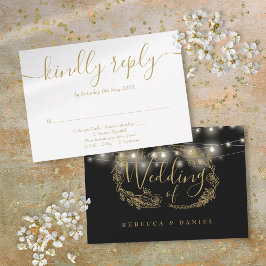Cartão RSVP Luzes de Corda Preta e Dourada Floral Casamento