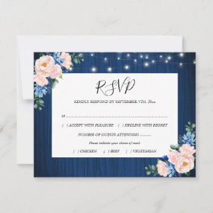 Cartão RSVP Luzes de Corda Rosa Bege Azul Marinho Floral Casam