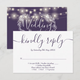 Cartão RSVP Luzes de Corda Roxas Florais Casamento