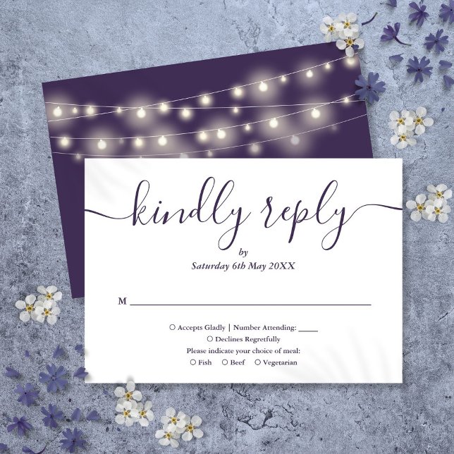 Cartão RSVP Luzes de Corda Roxo Escolha de Refeição Script (String Lights Purple Script Meal Choice RSVP Card)