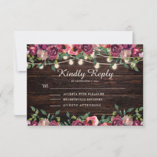 Cartão RSVP Luzes de Corda Rústicas com Floral Burgundy em Mad